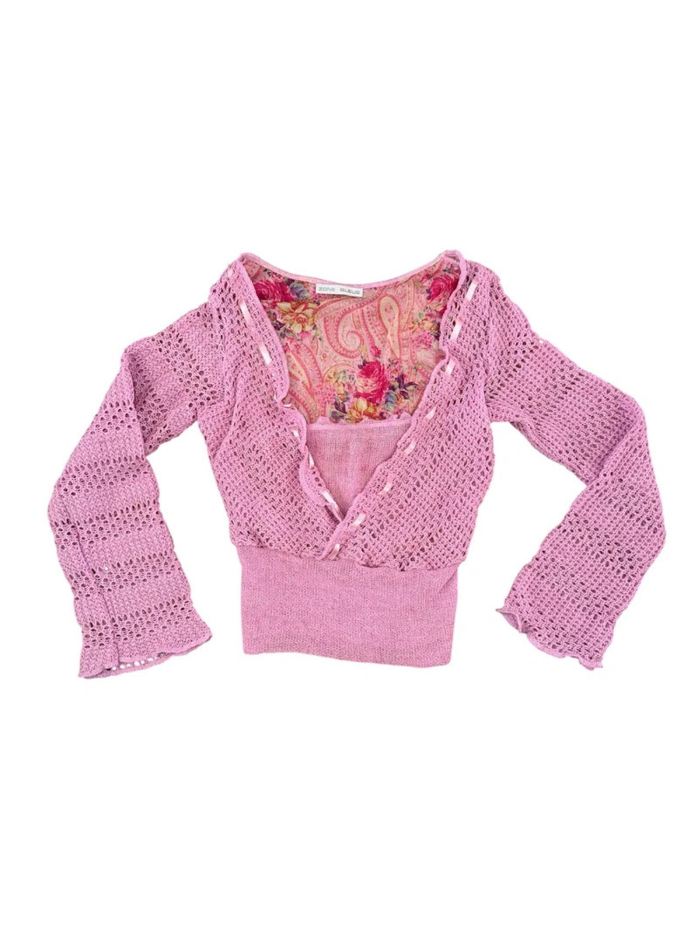 Zone Bleue Y2K Pink Crochet Knit Top Boho Fairy Grunge